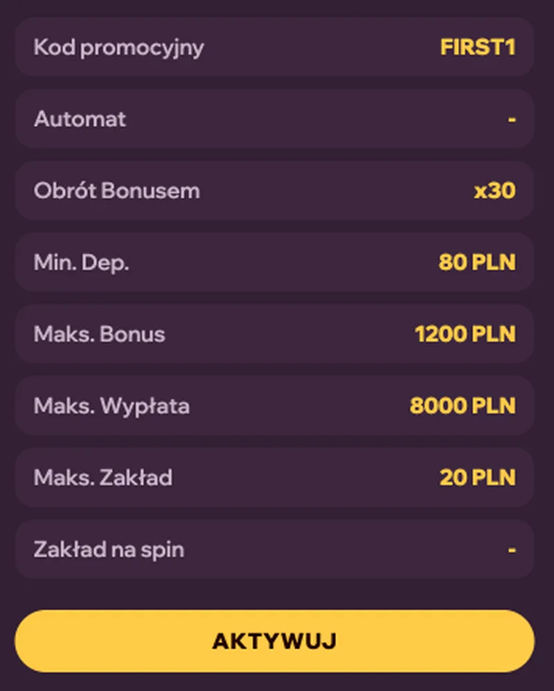 Szczegóły bonusu FIRST1 w GDFPlay Casino
