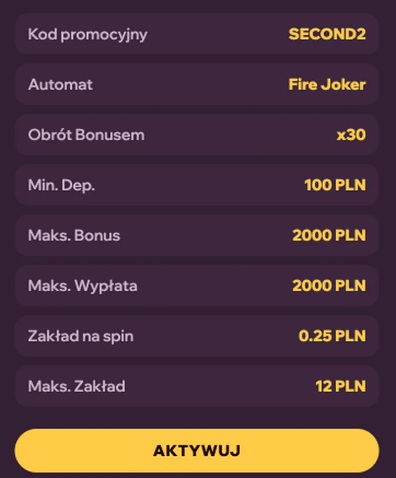 Szczegóły bonusu SECOND2 z darmowymi spinami