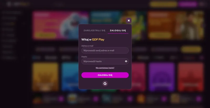 Formularz logowania w GDFPlay Casino