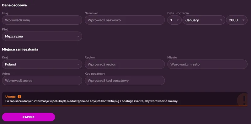 Dane osobowe w profilu GDFPlay Casino