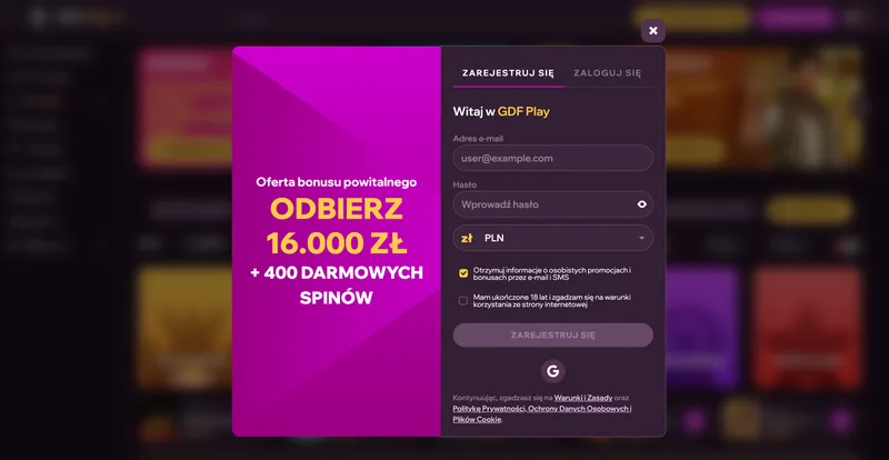 Formularz rejestracji w GDFPlay Casino